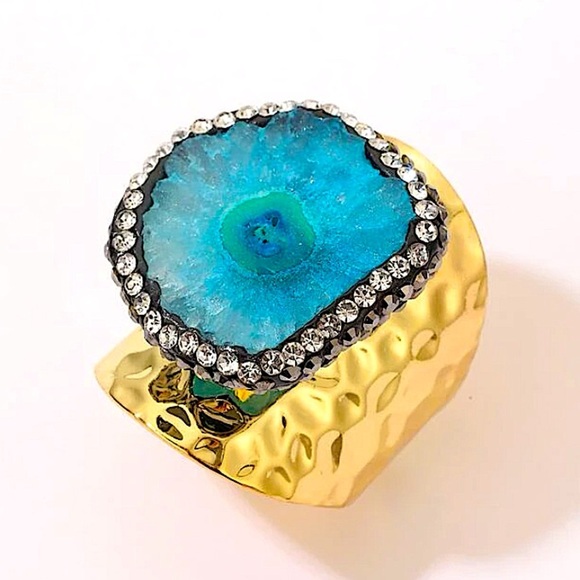 GOLD BLUE AGATE RESIN SOLAR QUARTZ ADJUSTABLE RING - Picture 2 of 3